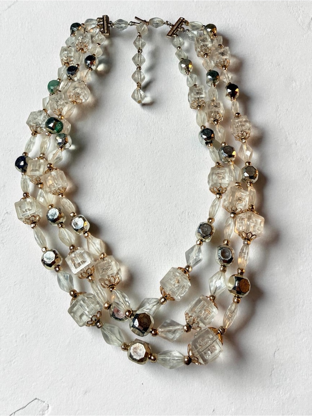 Crystal Multi-Strand Glass Bead Necklace - Clear and Metallic Accents